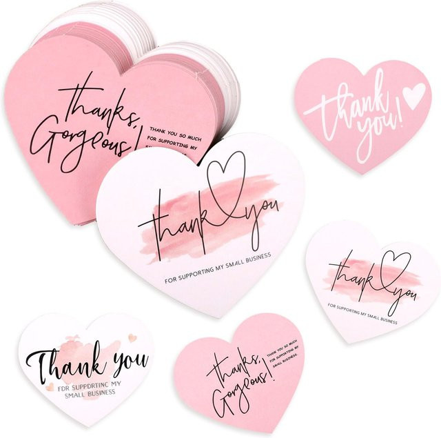 Set mit 100 herzförmigen Dankeskarten in Rosa zur Unterstützung deines kleinen Unternehmens aus Papier - Bild 1
