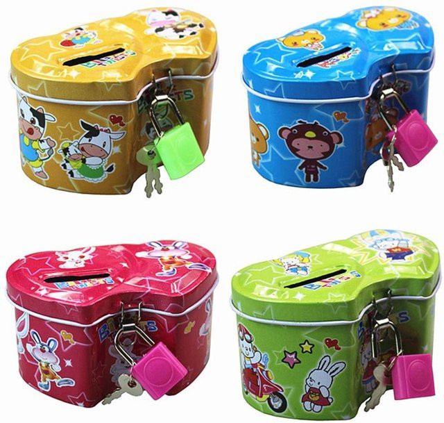 Doppelherz-Sparschwein aus Metall mit Schloss und Schlüssel, bunte Münzbox zur Dekoration für Kinder und Zuhause, B/T/H: 7,5 x 6,5 x 7,5 cm - Bild 1