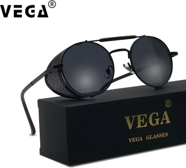 VEGA Runde Steampunk-Sonnenbrille, Vollrand, Metall, Schwarz, Unisex - Bild 1