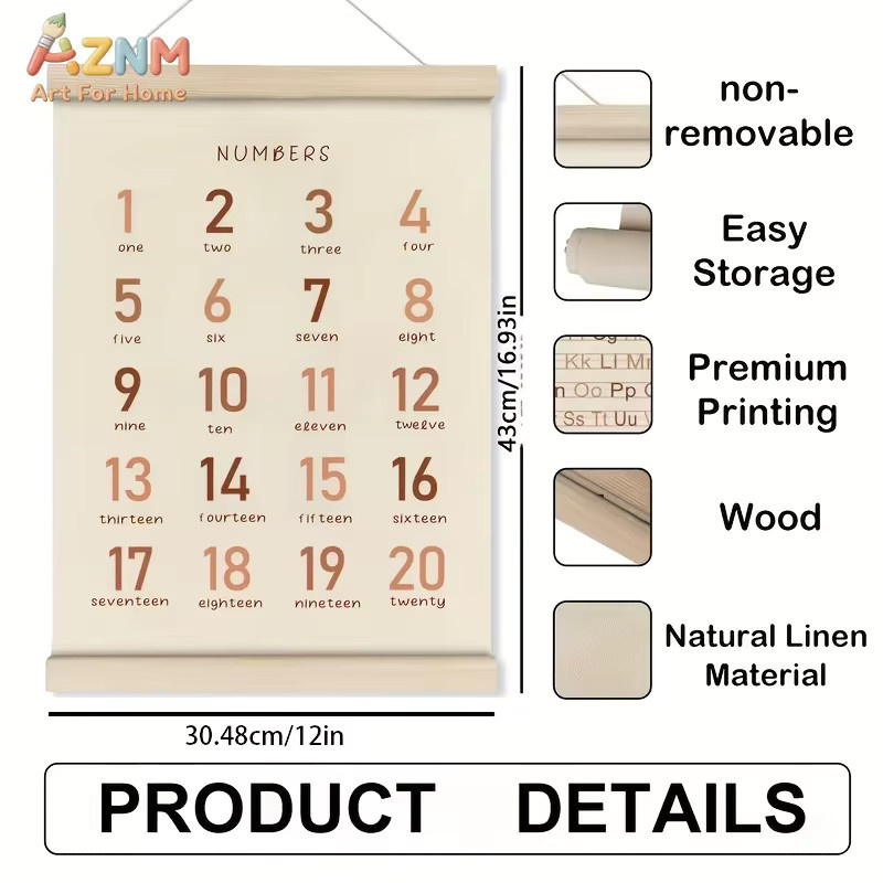 AZNM Montessori Alphabet- und Zahlen-Lehrposter auf Leinwand in Schwarz für Kinderzimmer und Klassenzimmer - Bild 2