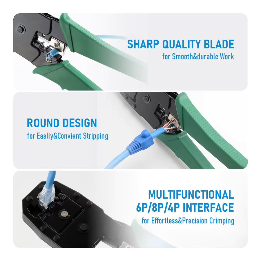 RJ45 Crimpwerkzeug-Set für Ethernet LAN Kabel mit 50 Stück Cat5 Steckern, Abisolierzange, Splitter, Kupplung, Kabelbindern und Schutzkappen in Grün von Seven Floor - Bild 4