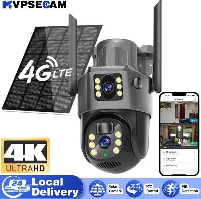MvpSecam 4G Solar Kamera mit Doppellinse und 8MP 4K Auflösung, IP Outdoor Überwachungskamera mit PIR-Bewegungserkennung und energiesparender Batterie - Bild 1