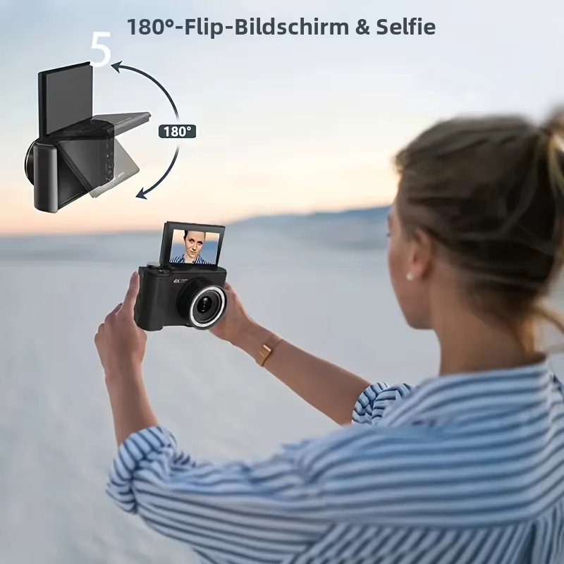 W&O 4K Digitalkamera mit Ringlicht und 180 Grad Flip-Screen für Vlogging, Black - Bild 3