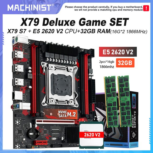 MACHINIST X79 Motherboard Set mit Xeon E5 2620 V2 CPU, 2x16GB DDR3 RAM und M.2 SATA NVMe SSD Unterstützung, Micro-ATX, Schwarz - Bild 1