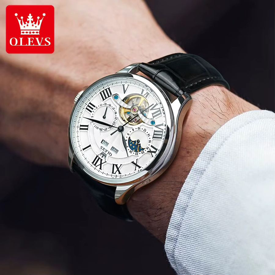 OLEVS Armbanduhr, Automatik, Edelstahl, Leder, Mondphase, Herren - Bild 4