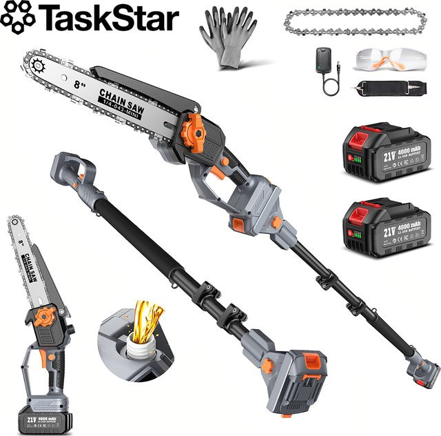 TaskStar 2-in-1 Stangensäge mit 8 Zoll bürstenlosem Motor, kabellose Kettensäge mit automatischer Schmierung und verstellbarer Verlängerungsstange bis max. 4,57 m, inklusive 2 wiederaufladbaren Akkus - Bild 1