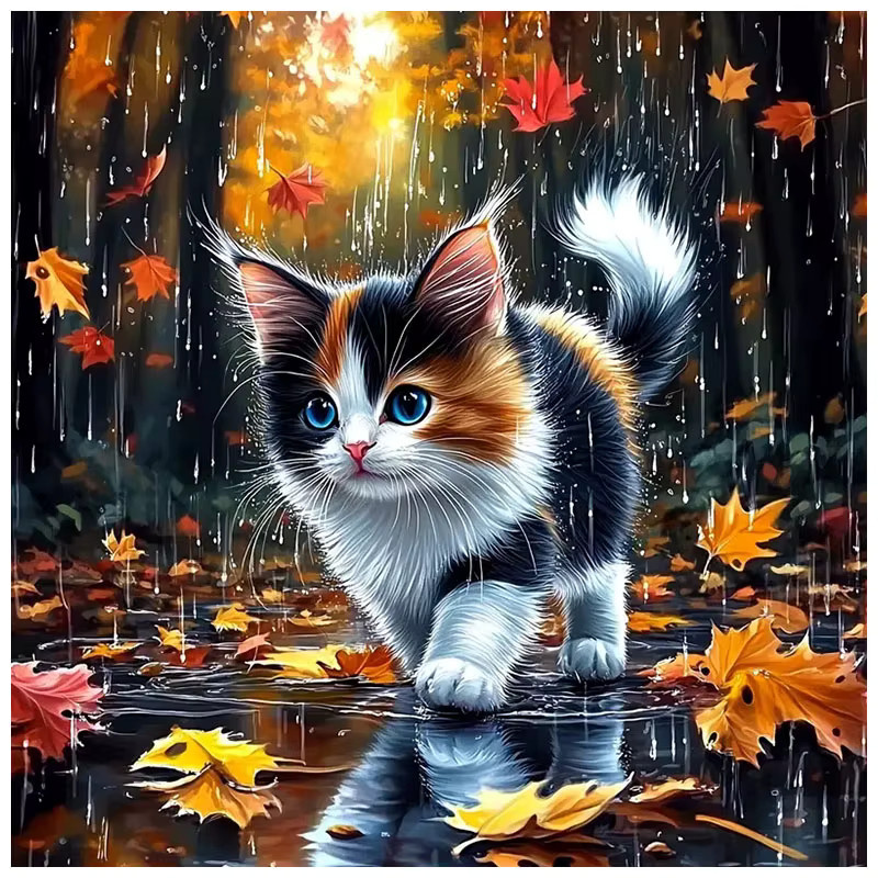 HUACAN Diamantmalerei Katze Herbst Tier Motiv als Mosaik-Wanddeko in Mehrfarbig mit Vollbohrer-Technik - Bild 4
