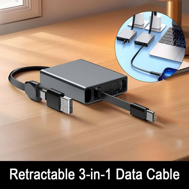 3-in-1 USB-C Datenkabel 60W einziehbares Multifunktions-Schnellladekabel für Mobilgeräte und Laptops in Grau - Bild 1