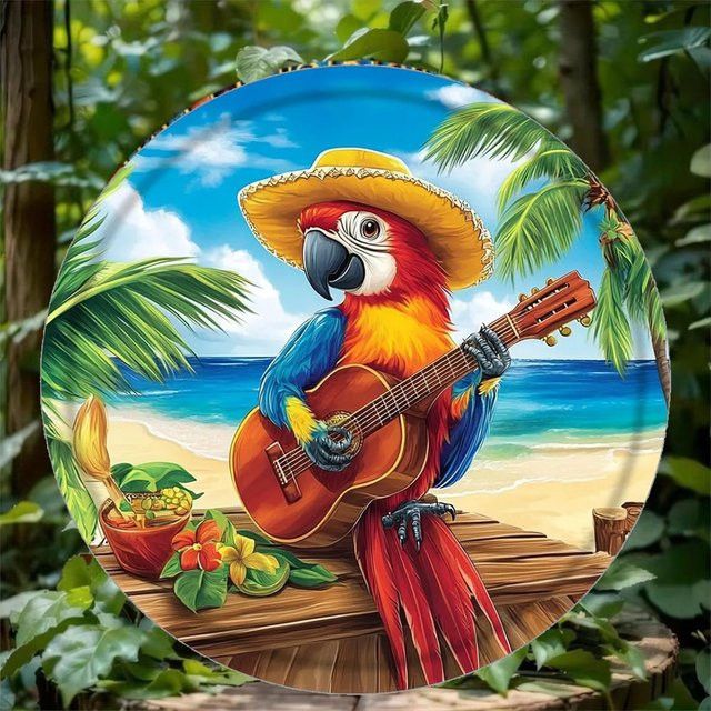 Rundes Blechschild HELLOYOUNG Wanddekoration im Retro-Stil mit Papagei, Gitarre und Strand, Durchmesser: 20 cm - Bild 1