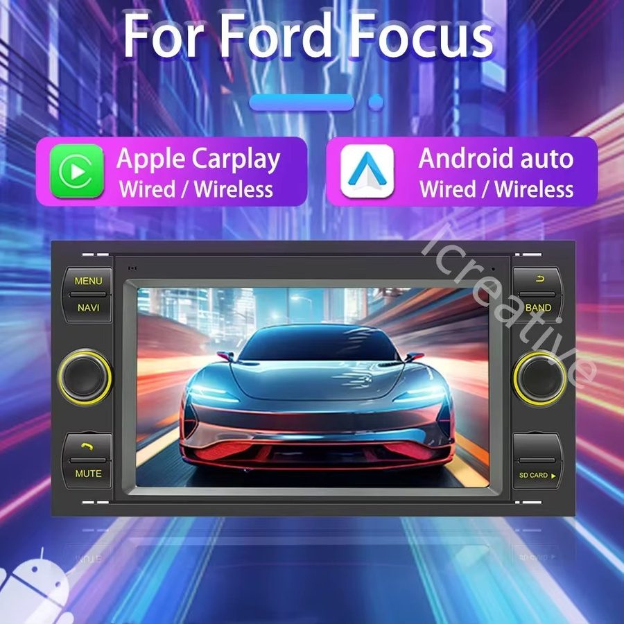 Icreative 2Din Android Autoradio mit GPS und Carplay in Schwarz für Ford Focus, Mondeo, S-Max, C-Max, Kuga, Galaxy, Fiesta, Transit, Fusion und Connect - Bild 1