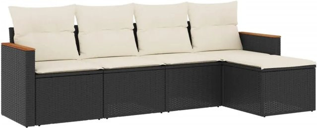 vidaXL 5-tlg. Garten-Sofagarnitur in L-Form aus Polyrattan und Akazienholz mit Kissen in Schwarz und Cremeweiß - Bild 1