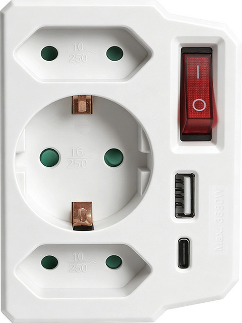 EU Schuko Wandsteckdosenadapter mit Schalter und USB-C Anschlüssen, 16A, Typ E / Typ C, Weiß - Bild 1