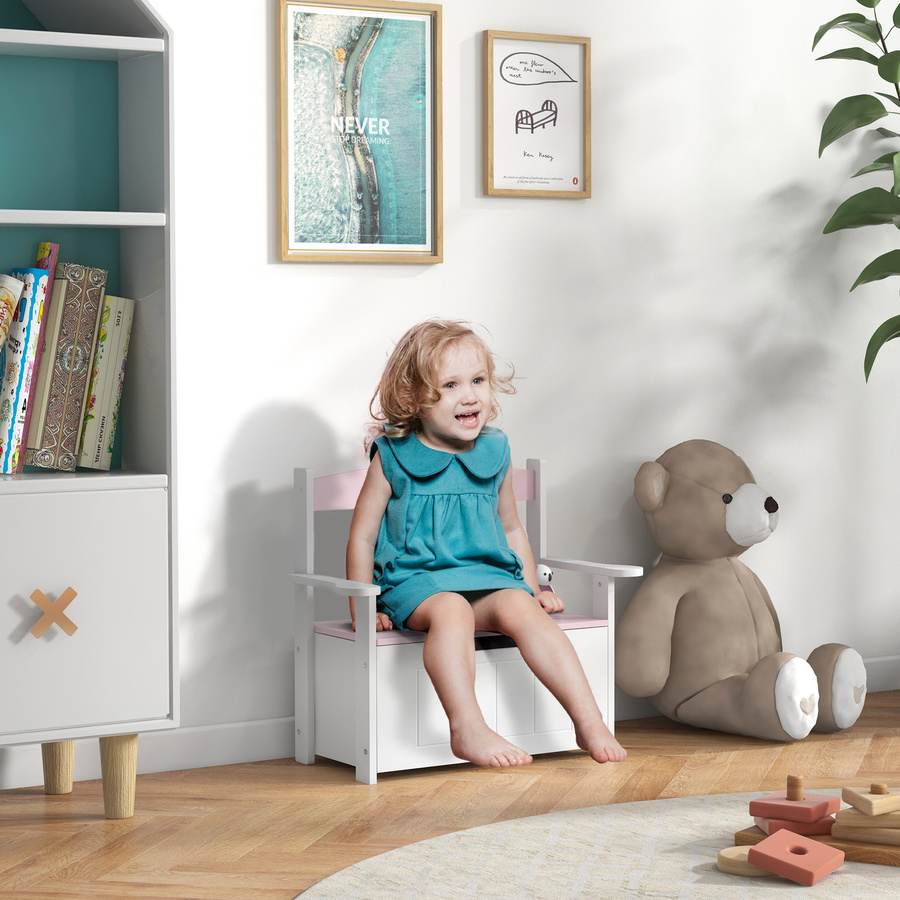 AIYAPLAY Kinder-Sitztruhe mit Stauraum und Rückenlehne, Rosa/Weiß, B: 68,5 cm, T: 34,0 cm, H: 58,0 cm - Bild 2