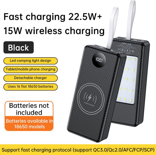 occkic Tragbares Powerbank-Gehäuse für 16x18650 Akkus mit 22,5W Schnellladung, 15W kabellosem Laden und Campinglicht in Schwarz - Bild 1