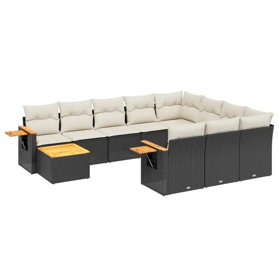vidaXL 11-teilige Garten-Sofagarnitur in L-Form aus Polyrattan und Akazienholz mit Kissen in Schwarz-Creme - Bild 2