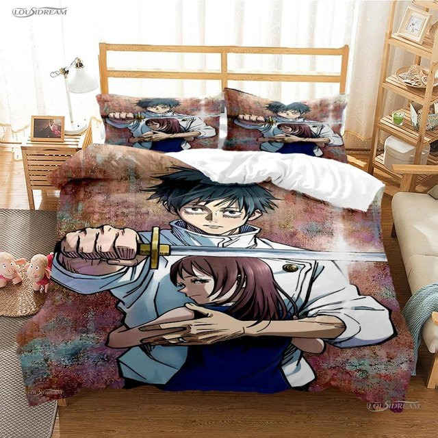 Jujutsu Kaisen Bettwäscheset mit Cartoon Anime Motiv, weiches Bettwäscheset aus Mikrofaser bestehend aus Bettbezug und Kissenbezug, Mehrfarbig, B/H: 180 x 210 cm - Bild 1