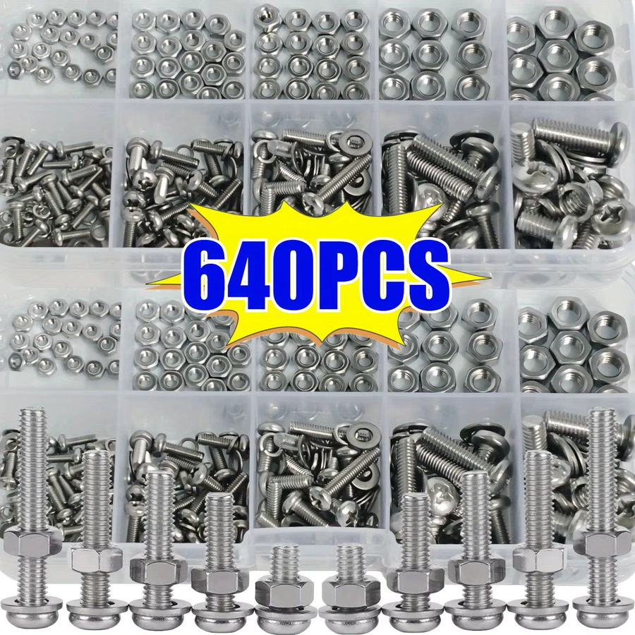 640-teiliges Sortimentsset aus Sechskantschrauben und Muttern in Silber aus Metall für Reparaturen, Größen M2 bis M5 - Bild 2