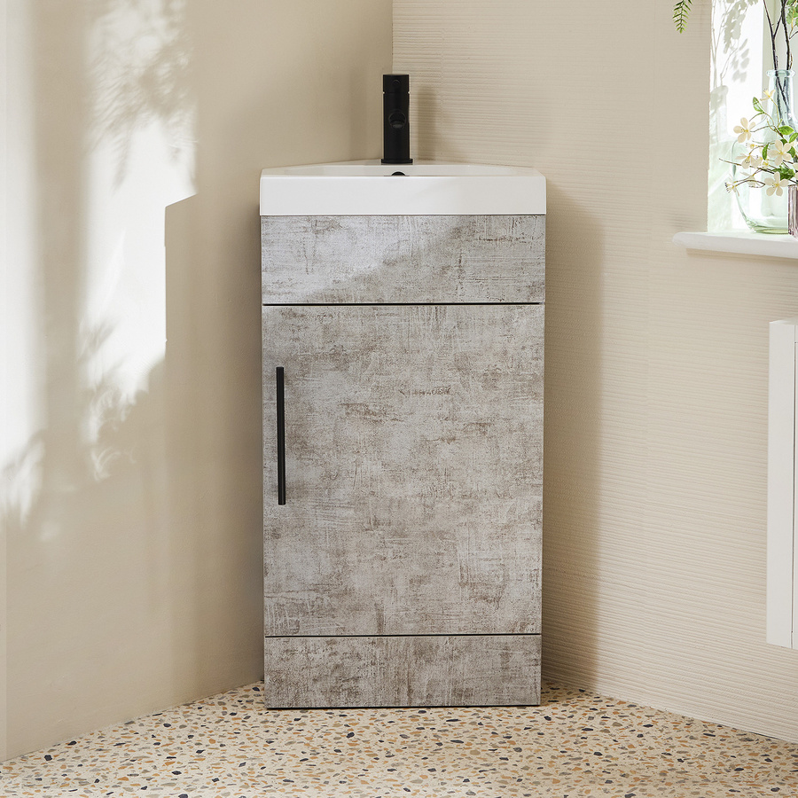 Eck-Waschtischunterschrank mit Waschbecken Cluo in Grau mit Soft-Close-Türen und minimalistischem Design, Breite: 45 cm - Bild 1