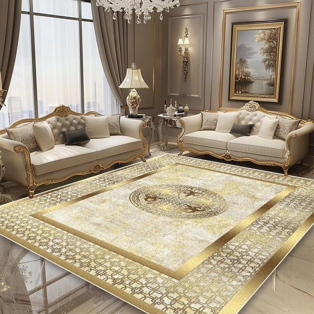 Karpetti Luxusteppich im europäischen Stil mit goldenem Rahmen, beige-gold, rutschfest und waschbar, B/T: 120 x 80 cm - Bild 1