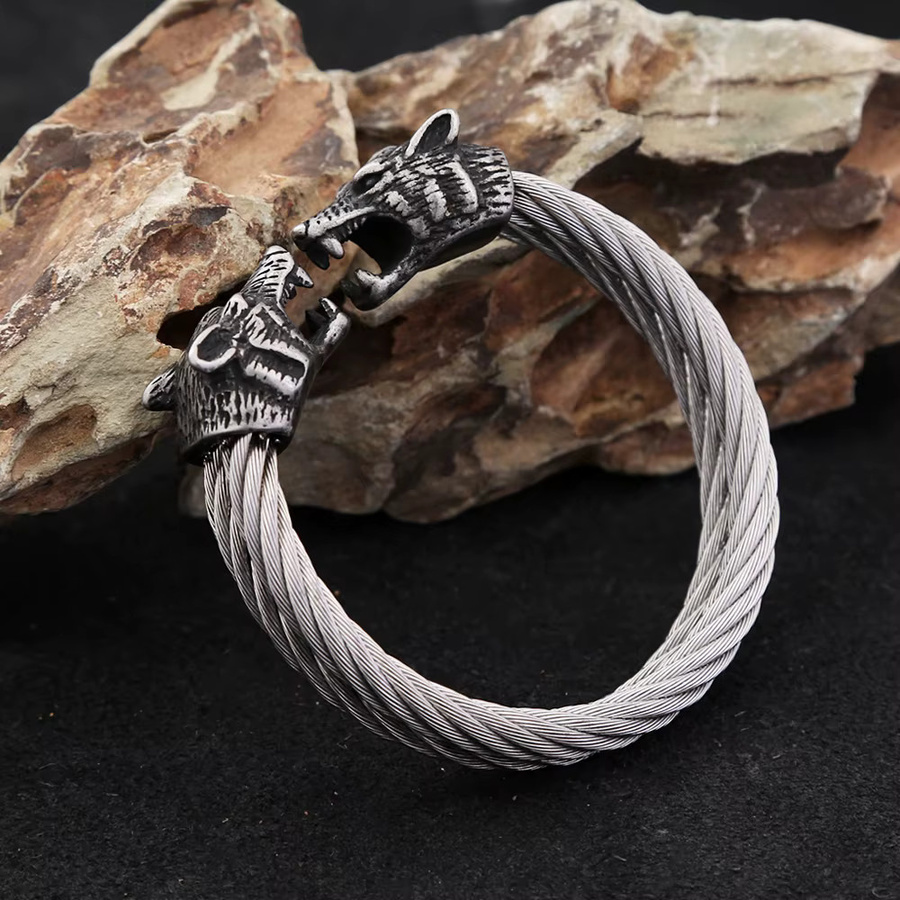 NORTHMAN Armband, Doppel Wolf Kopf, Edelstahl, Silber, Herren - Bild 2