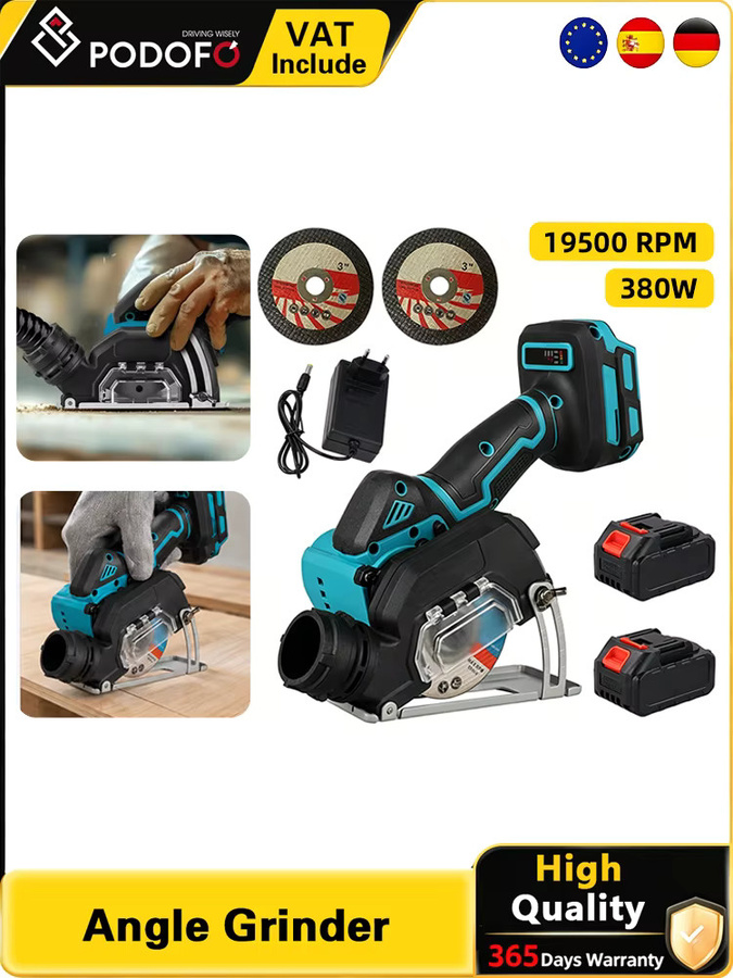 Podofo Kabelloser Mini-Winkelschleifer mit Makita-Batterieschnittstelle, 21V 380W, 19500RPM, Schwarz, inklusive 2x 4,0Ah Akku, Ladegerät und Trennscheiben für Metall, Holz und Stein - Bild 6