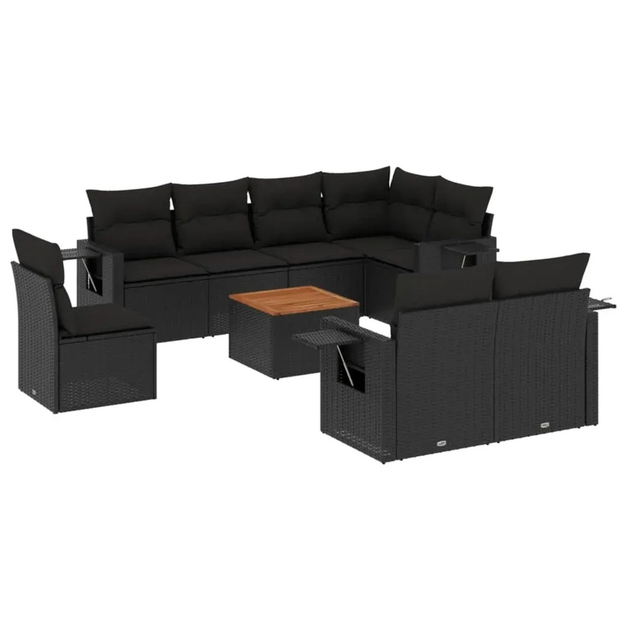 vidaXL 9-teilige Garten-Sofagarnitur in L-Form aus Polyrattan und Akazienholz mit Kissen in Schwarz - Bild 2