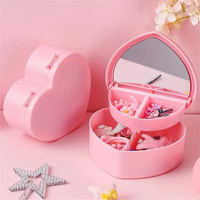Herzförmige Schmuckbox in Rosa mit Doppellpiegel als Make-up Organizer und Aufbewahrungsbox für Mädchen - Bild 1