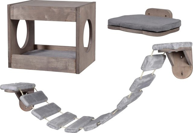 Dobar 3-teiliges Katzenmöbel-Set aus Pappelholz mit Katzenhöhle und Leiter in Braun und Grau, B/T/H: 35 x 30 x 30 cm - Bild 1