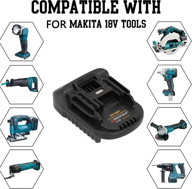 Bosch Akku-Adapter von 18V auf Makita 18V für Li-Ionen-Akkus mit USB-A und USB-C Anschluss in Schwarz - Bild 1