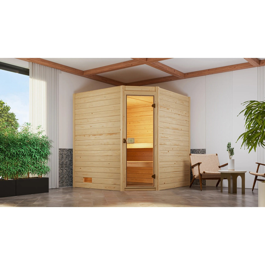 WEKA Massivholzsauna Valida Eck 1.8 Sparset in Braun mit 7,5 kW Ofen und OS Glastür für 6 Personen - Bild 2