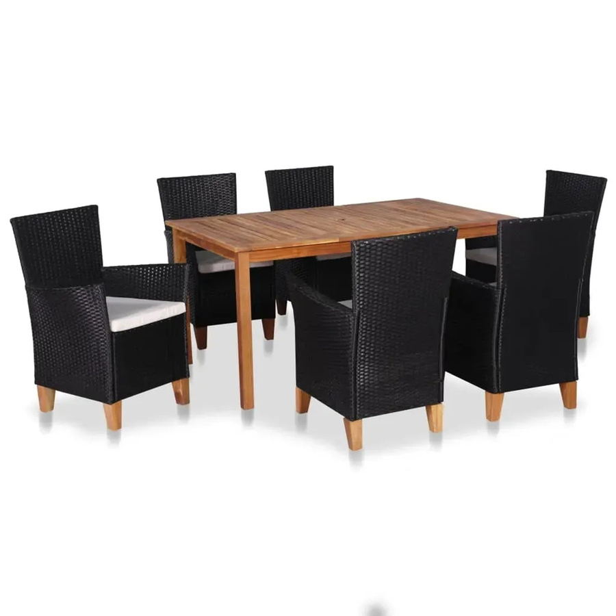 vidaXL 7-teilige Garten-Essgruppe aus Poly-Rattan und Akazien-Massivholz in Schwarz und Braun - Bild 2