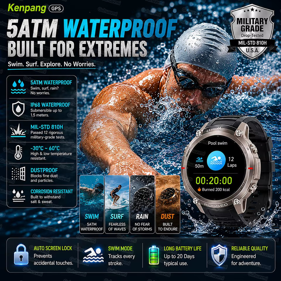 GUHUAVMI Militär-GPS-Smartwatch für Outdoor-Abenteuer mit Offline-Karten, 5ATM Wasserdicht, Kompass, Barometer und HD-Anruf Funktion in Schwarz - Bild 3