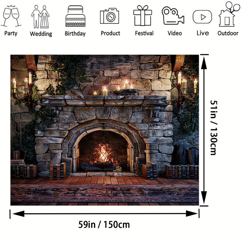 Fotohintergrund mit lebendigen Flammen, Kamin, magischen Büchern und Kerzen in Silber, B/H: 150 x 100 cm - Bild 3