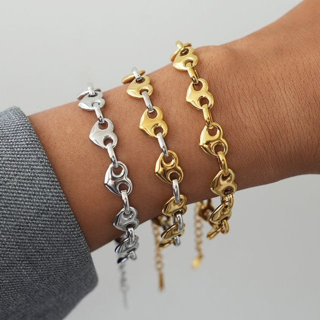 Uself Armband, 18 Karat vergoldeter Edelstahl, zweifarbig, Herz-Knopf-Armband - Bild 1