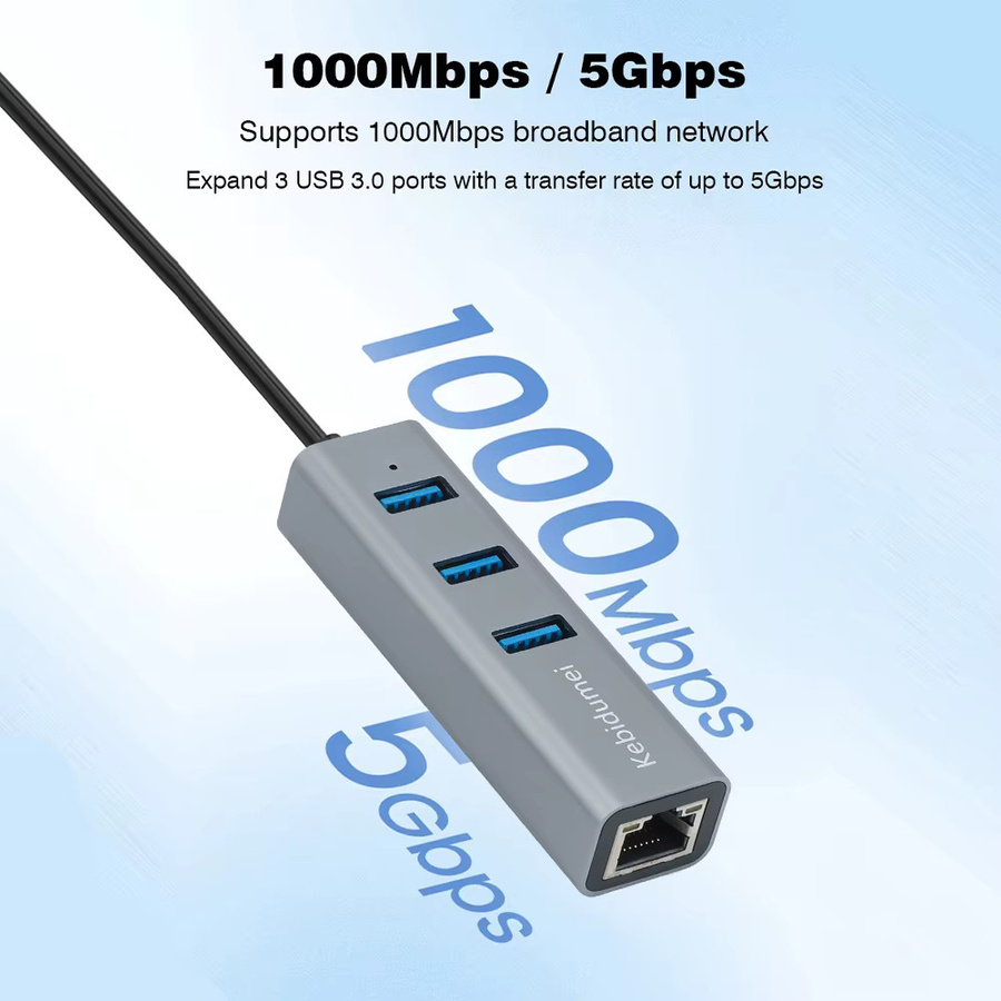 Kebidumei 4 in 1 USB 3.0 Hub-Adapter mit USB-C auf RJ45 Gigabit Ethernet Konverter, 1000 Mbit/s, Grau - Bild 2