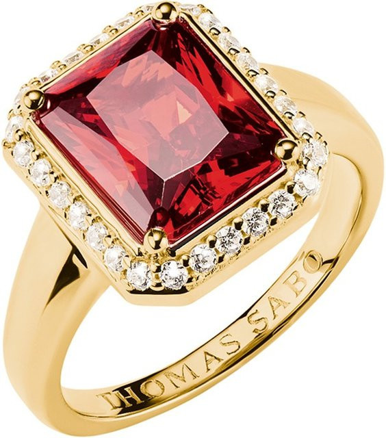 Thomas Sabo Ring, 925 Silber, vergoldet, roter Oktagon-Stein, Zirkonia, Damen - Bild 1