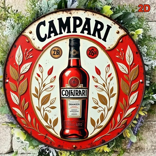 Vintage 1866 Capri Metallschild von CIFBUY, runde Aluminiumplakette mit floralem Blattmuster in Rot und Gold, Durchmesser: 20,3 cm - Bild 1