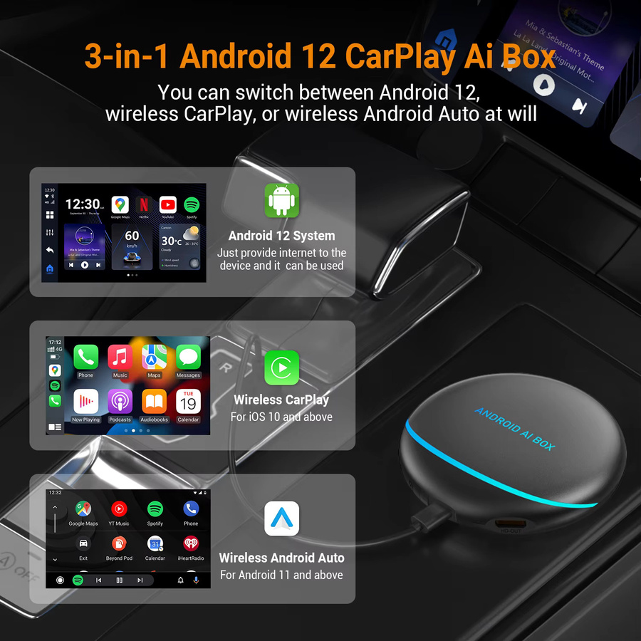 Android 13 CarPlay AI Box mit 8GB RAM und 128GB ROM, Qualcomm Auto-Android-Box als kabelloser CarPlay und Android Auto Adapter mit HDMI-Ausgang, AI-Sprachsteuerung und Cloud-SIM Unterstützung, Farbe: Schwarz - Bild 1