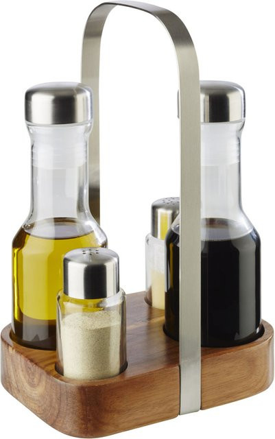 APS Menage WOOD Gewürzset aus Holz und Edelstahl mit Salzstreuer, Pfefferstreuer, Ölflasche und Essigflasche, braun/silber, Breite: 12 cm, Höhe: 24,5 cm - Bild 1