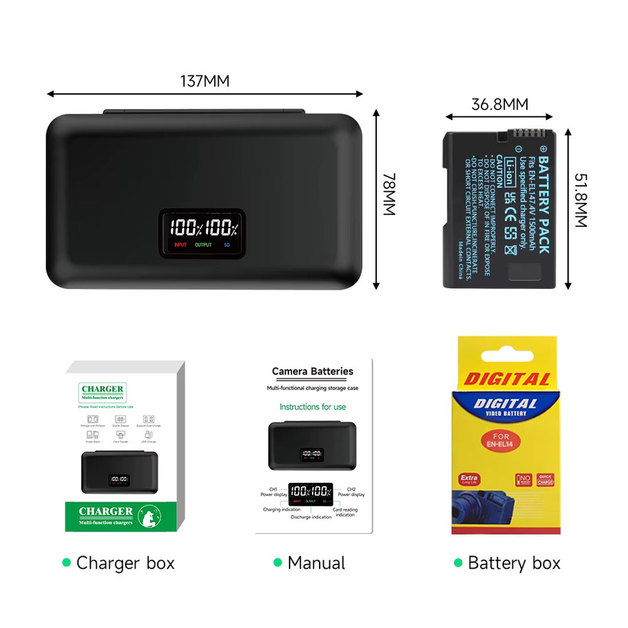 En-EL14 Akku Set für Nikon D3100 D3200 D3300 D3400 D3500 D5600 D5100 D5300 inklusive USB-C Ladegerät in Schwarz - Bild 4