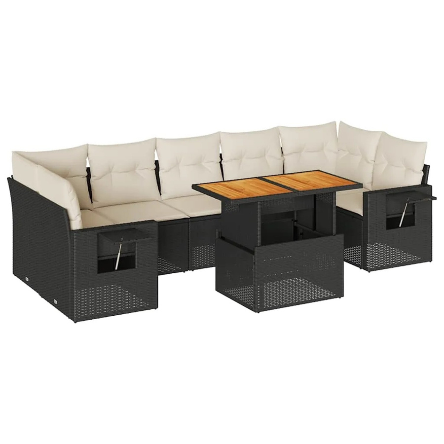 vidaXL 8-teilige Garten-Sofagarnitur aus Poly-Rattan und Akazienholz in Schwarz-Creme mit Kissen - Bild 2