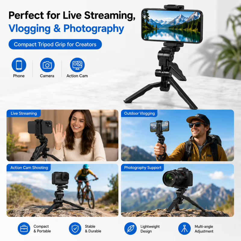 Universelles faltbares Smartphone-Stativ in Schwarz mit 360 Grad Verstellbarkeit für Live-Streaming, Vlogging und Fotografie - Bild 4