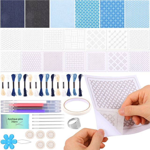 Sashiko-Stickerei-Set für Anfänger mit Schablonen, Faden, Nadeln, Fingerhut und Stoff-Fingerlingen zum Ausbessern - Bild 1