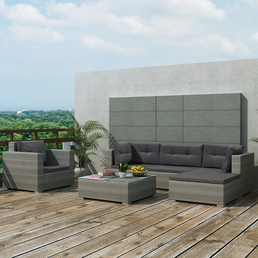 vidaXL 6-teiliges Garten-Lounge-Set aus PE-Rattan in Grau mit Polsterauflagen und Stahlrahmen - Bild 3