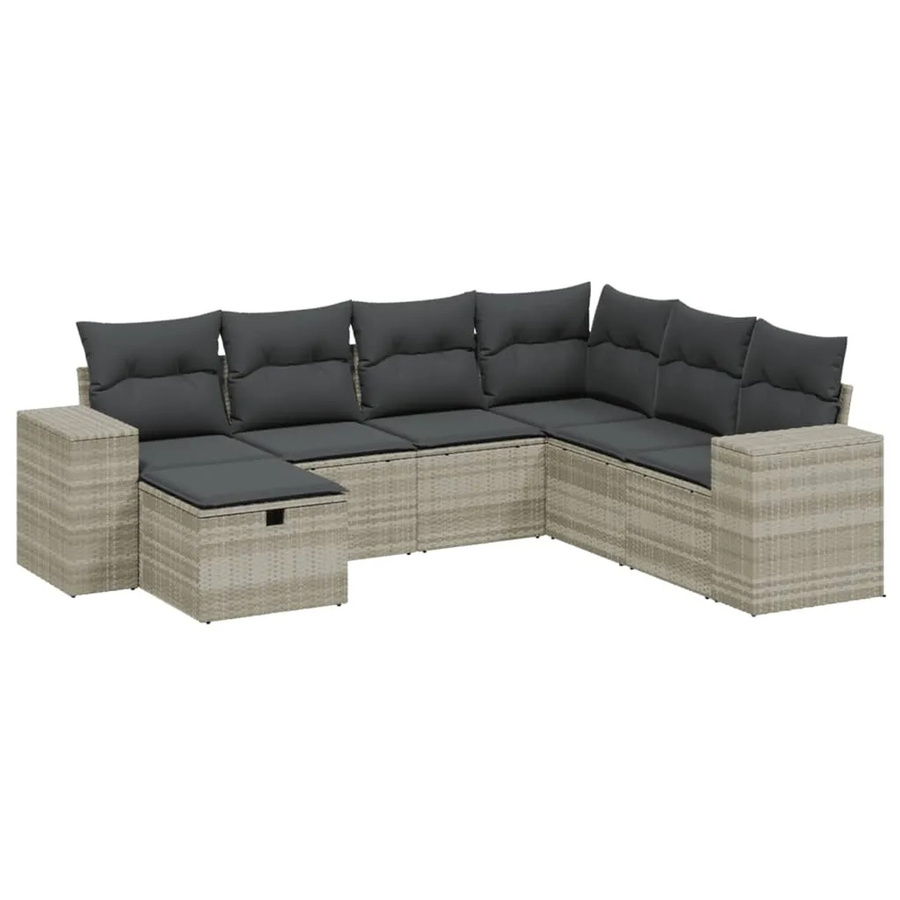 vidaXL 7-tlg. Garten-Sofagarnitur in L-Form mit Kissen und Ottoman, Hellgrau, Poly Rattan - Bild 2