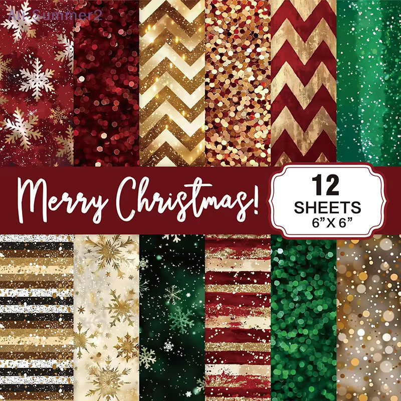 Weihnachts-Scrapbook-Papierblock mit 12 Blättern, 6 x 6 cm, glitzernde Konfetti-Schneeflocken, einseitig bedruckter Karton, 160 g/m2, säurefrei, mehrfarbig - Bild 2