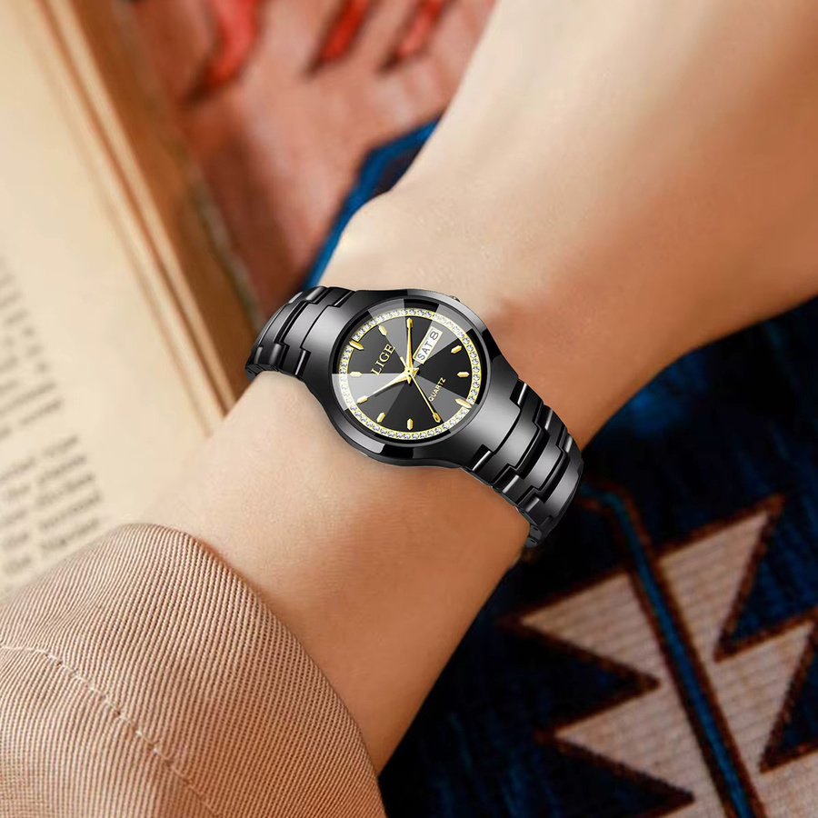 LIGE Armbanduhr Keramik, Quarz, Schwarz, Damen, Wochenkalender - Bild 2