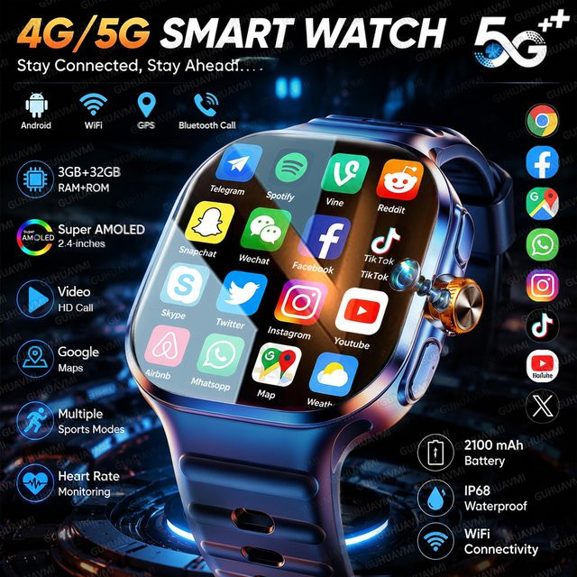 GUHUAVMI Android Smartwatch mit 5G/4G Vollnetz, 3GB RAM, 32GB Speicher, Kamera, HD-Videoanruf, WiFi, NFC und GPS in Schwarz - Bild 1