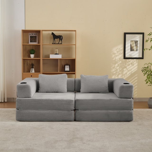 Vankel 2-Sitzer Cord-Ecksofa in Grau, umwandelbares modulares Bodensofa mit Getränkehalter für dein Wohnzimmer - Bild 1