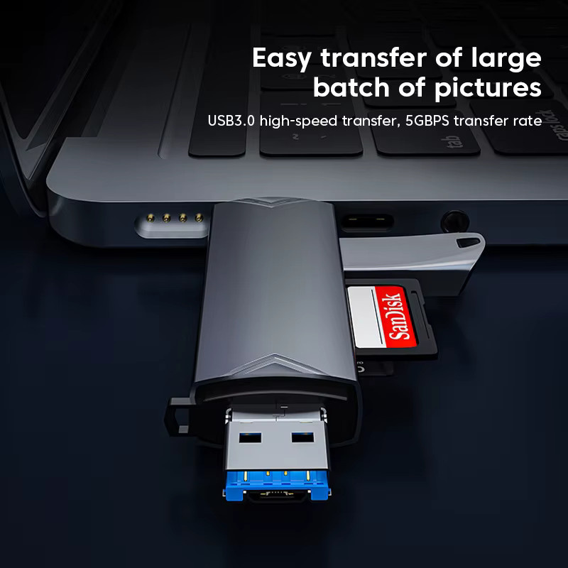 QUERPXAF 6-in-1 USB-C Multifunktions-Kartenleser mit USB 3.0, Micro-TF und SD-Adapter in Grau - Bild 4